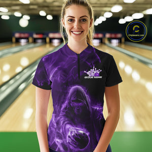 Custom Black And Purple Smoke Flame Grim Reaper Halloween Bowling Women Quarter-Zip Shirt IPHW9740
