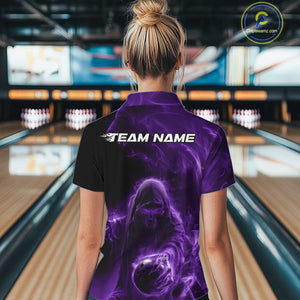 Custom Black And Purple Smoke Flame Grim Reaper Halloween Bowling Women Quarter-Zip Shirt IPHW9740