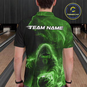 Custom Black And Green Smoke Flame Grim Reaper Halloween Bowling Men Polo Shirts IPHW9741