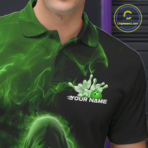 Custom Black And Green Smoke Flame Grim Reaper Halloween Bowling Men Polo Shirts IPHW9741