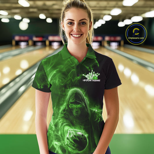 Custom Black And Green Smoke Flame Grim Reaper Halloween Bowling Women Polo Shirts IPHW9741