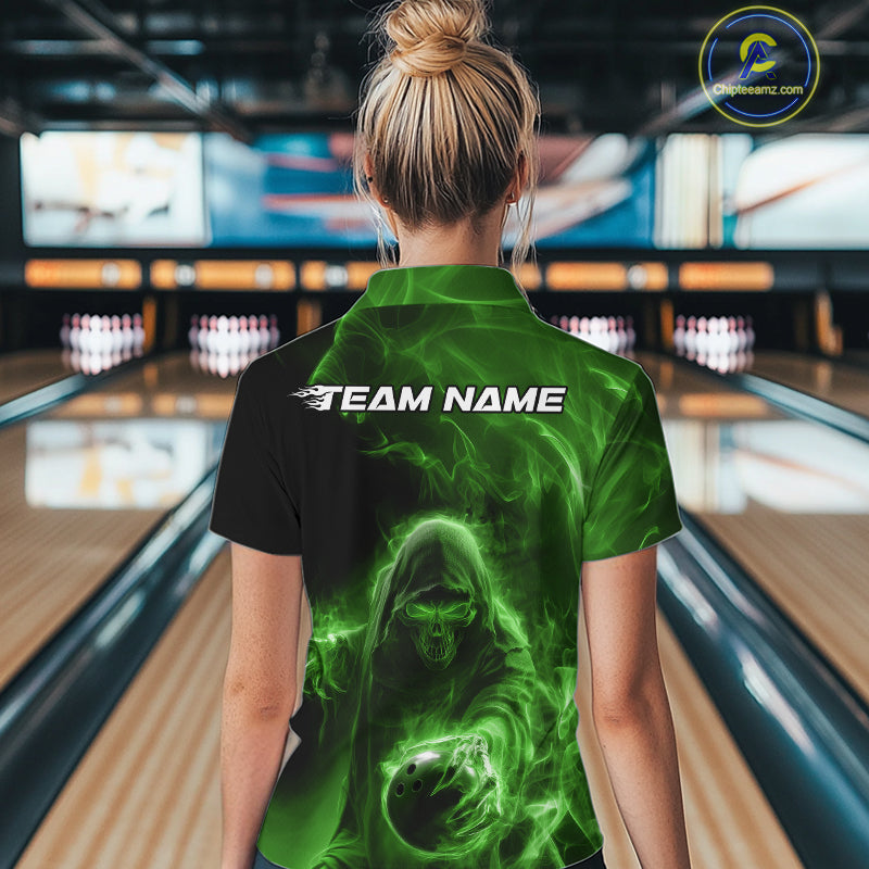 Custom Black And Green Smoke Flame Grim Reaper Halloween Bowling Women Quarter-Zip Shirts IPHW9741