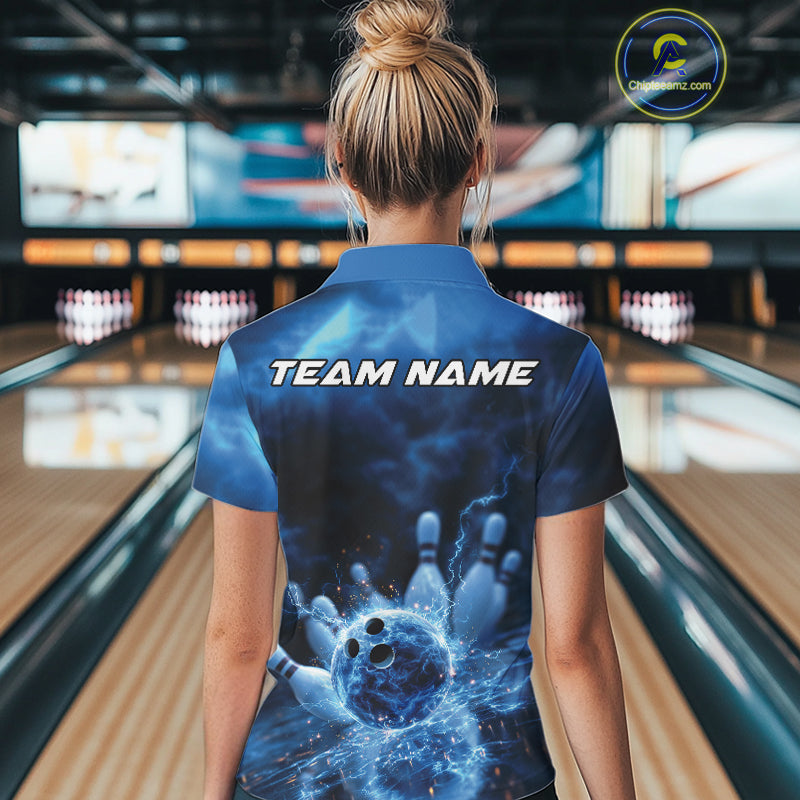 Custom Blue Thunder Lightning Bowling Team Women Polo Shirts, Bowling Jerseys IPHW9747