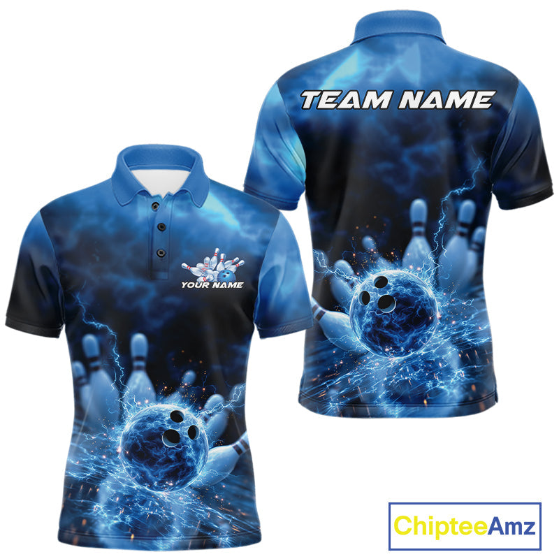 Custom Blue Thunder Lightning Bowling Team Men Polo Shirts, Bowling Jerseys IPHW9747