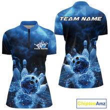 Load image into Gallery viewer, Custom Blue Thunder Lightning Bowling Team Women Quarter-Zip Shirts, Bowling Jerseys IPHW9747