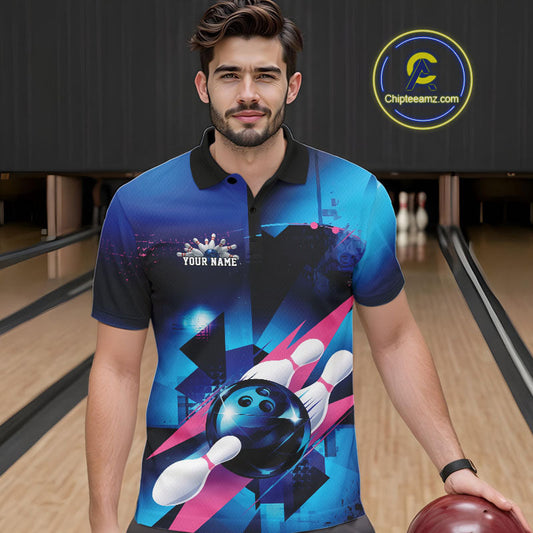 Custom Blue And Pink Futuristic Bowling Polo Team Shirts For Men, Bowling League Shirt IPHW9513