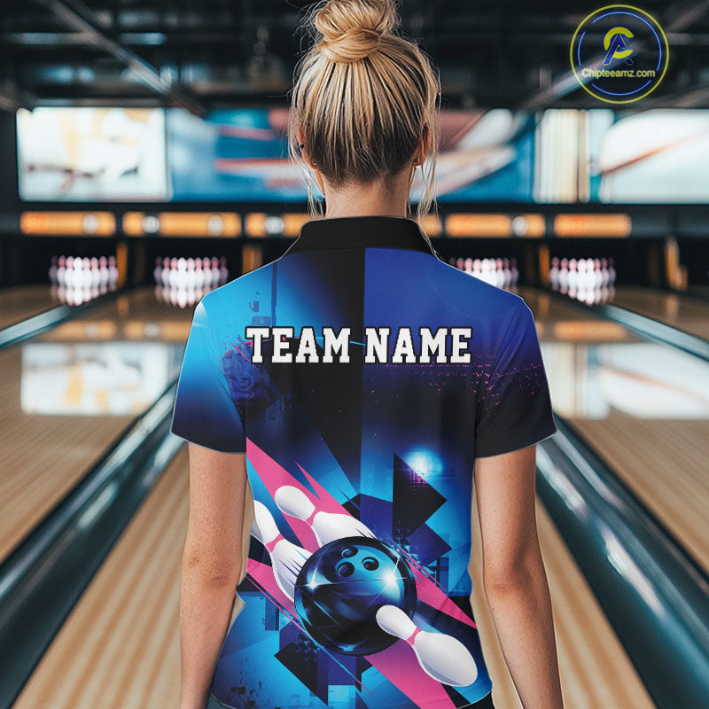 Custom Blue And Pink Futuristic Bowling Quarter-Zip Shirt For Women, Bowling League Shirt IPHW9513