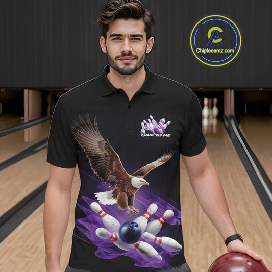 Custom Purple Flame Eagle Bowling Team Polo Shirts For Men, Bowling Tournament Shirt IPHW9369