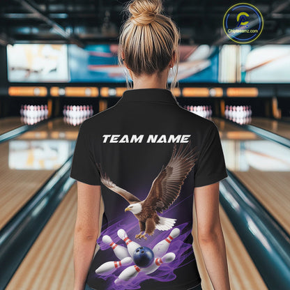 Custom Purple Flame Eagle Bowling Team Polo Shirts For Women, Bowling Tournament Shirt IPHW9369
