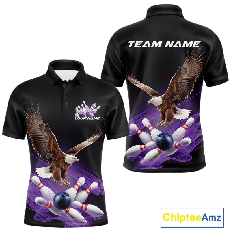 Custom Purple Flame Eagle Bowling Team Polo Shirts For Men, Bowling Tournament Shirt IPHW9369