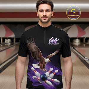 Custom Purple Flame Eagle Bowling Team Quarter-Zip Shirts For Men, Bowling Tournament Shirt IPHW9369