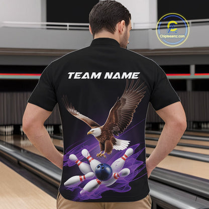 Custom Purple Flame Eagle Bowling Team Quarter-Zip Shirts For Men, Bowling Tournament Shirt IPHW9369