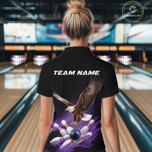 Custom Purple Flame Eagle Bowling Team Women Quarter-Zip Shirts, Bowling Tournament Shirt IPHW9369