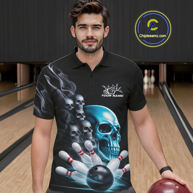 Custom Blue Glowing Ghostly Skull Bowling Polo Shirts For Men, Halloween Bowlers Outfit IPHW9515