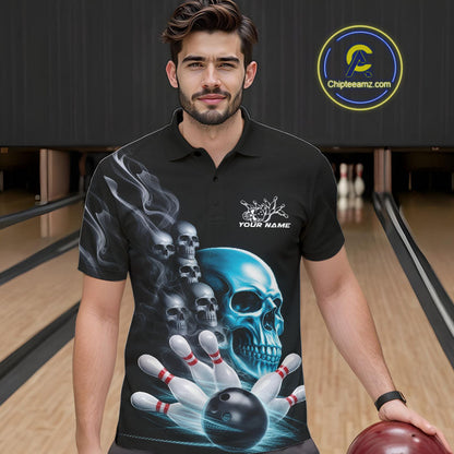 Custom Blue Glowing Ghostly Skull Bowling Polo Shirts For Men, Halloween Bowlers Outfit IPHW9515