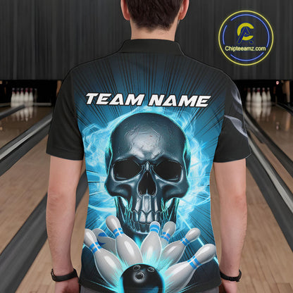Custom Blue Glowing Ghostly Skull Bowling Polo Shirts For Men, Halloween Bowlers Outfit IPHW9515