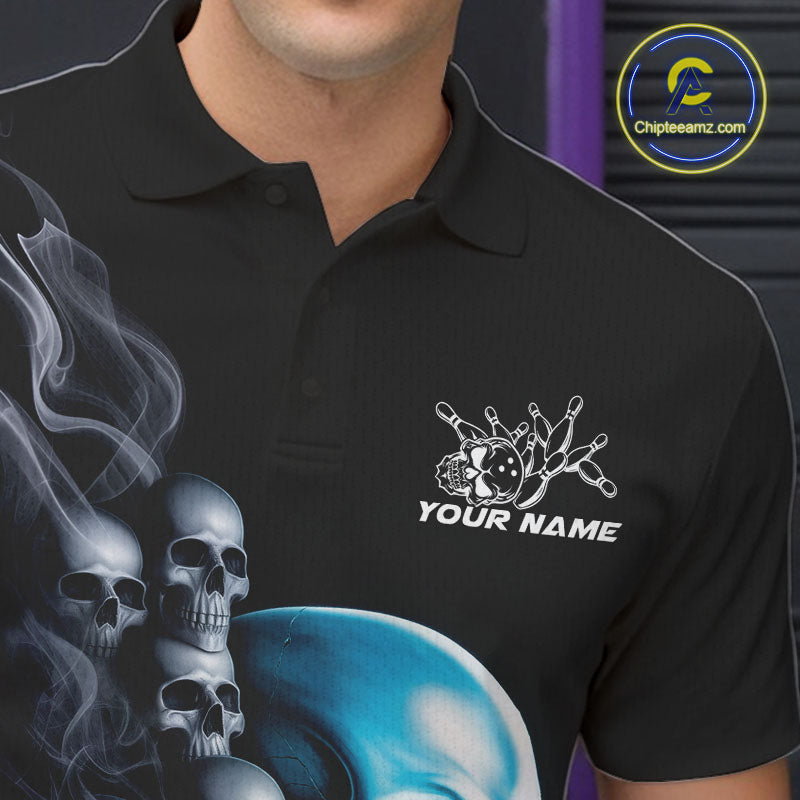 Custom Blue Glowing Ghostly Skull Bowling Polo Shirts For Men, Halloween Bowlers Outfit IPHW9515