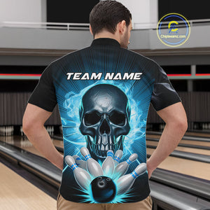 Custom Blue Glowing Ghostly Skull Bowling Quarter-Zip Shirts For Men, Halloween Bowlers Outfit IPHW9515