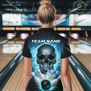Custom Blue Glowing Ghostly Skull Bowling Women Quarter-Zip Shirt, Halloween Outfit IPHW9515