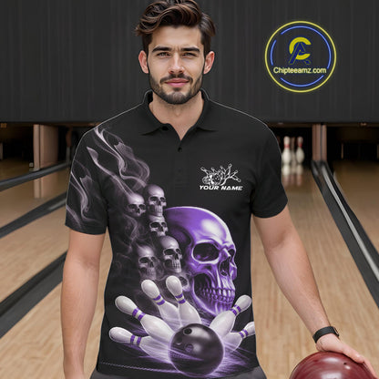 Custom Purple Glowing Ghostly Skull Bowling Polo Shirts For Men, Halloween Bowlers Outfit IPHW9517
