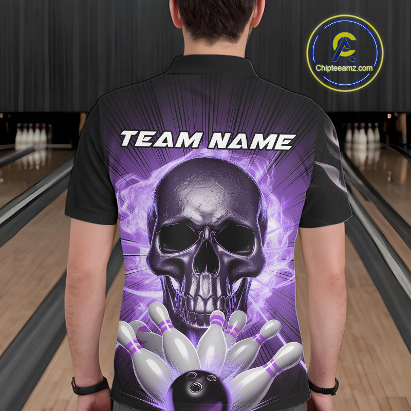 Custom Purple Glowing Ghostly Skull Bowling Polo Shirts For Men, Halloween Bowlers Outfit IPHW9517