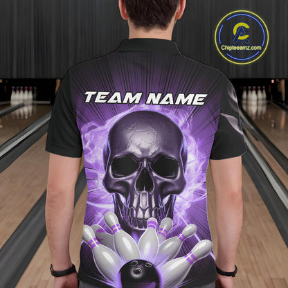 Custom Purple Glowing Ghostly Skull Bowling Polo Shirts For Men, Halloween Bowlers Outfit IPHW9517