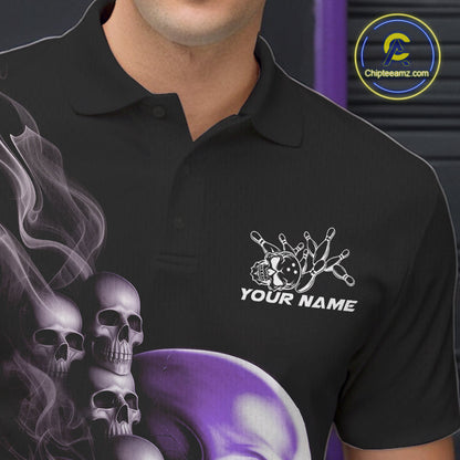 Custom Purple Glowing Ghostly Skull Bowling Polo Shirts For Men, Halloween Bowlers Outfit IPHW9517