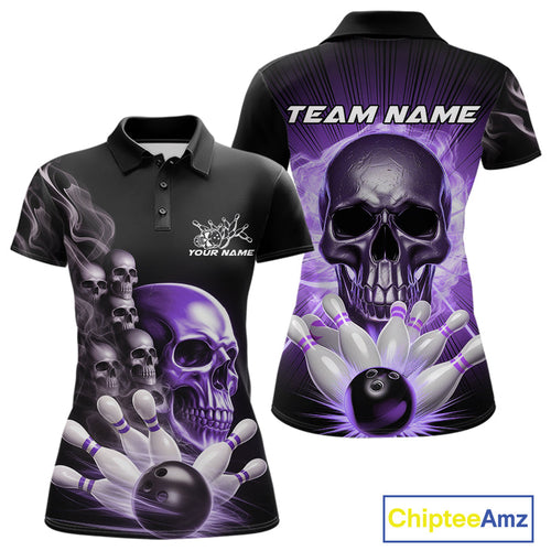 Custom Purple Glowing Ghostly Skull Bowling Women Polo Shirt, Halloween Bowlers Outfit IPHW9517