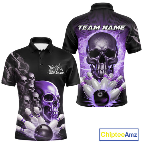 Custom Purple Glowing Ghostly Skull Bowling Polo Shirts For Men, Halloween Bowlers Outfit IPHW9517