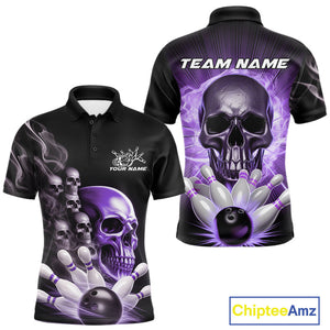 Custom Purple Glowing Ghostly Skull Bowling Polo Shirts For Men, Halloween Bowlers Outfit IPHW9517
