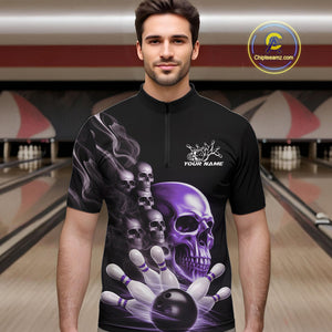 Custom Purple Glowing Ghostly Skull Bowling Quarter-Zip Shirts For Men, Halloween Bowlers Outfit IPHW9517