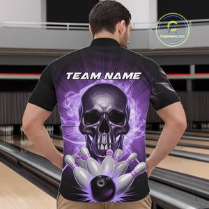Custom Purple Glowing Ghostly Skull Bowling Quarter-Zip Shirts For Men, Halloween Bowlers Outfit IPHW9517