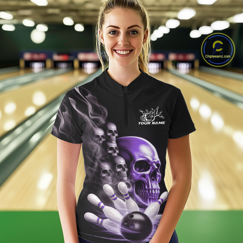 Custom Purple Glowing Ghostly Skull Bowling Women Quarter-Zip Shirt, Halloween Outfit IPHW9517