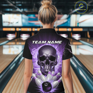 Custom Purple Glowing Ghostly Skull Bowling Women Quarter-Zip Shirt, Halloween Outfit IPHW9517