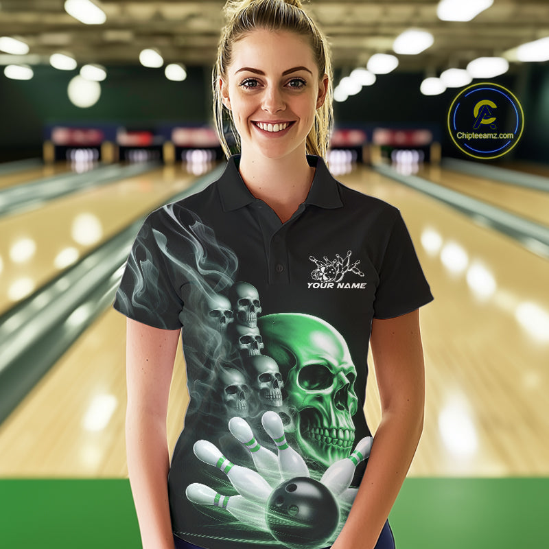 Custom Green Glowing Ghostly Skull Bowling Women Polo Shirt, Halloween Bowlers Outfit IPHW9518