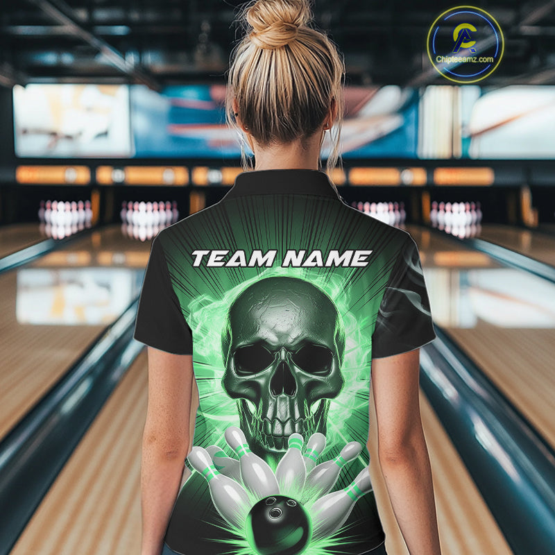 Custom Green Glowing Ghostly Skull Bowling Women Polo Shirt, Halloween Bowlers Outfit IPHW9518