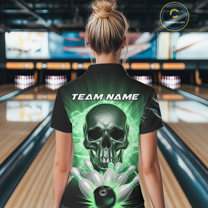 Custom Green Glowing Ghostly Skull Bowling Women Polo Shirt, Halloween Bowlers Outfit IPHW9518