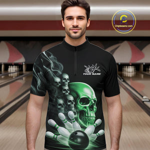 Custom Green Glowing Ghostly Skull Bowling Quarter-Zip Shirts For Men, Halloween Bowlers Outfit IPHW9518