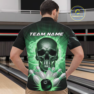 Custom Green Glowing Ghostly Skull Bowling Quarter-Zip Shirts For Men, Halloween Bowlers Outfit IPHW9518