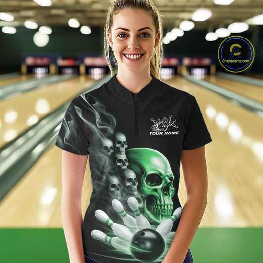Custom Green Glowing Ghostly Skull Bowling Women Quarter-Zip Shirt, Halloween Outfit IPHW9518