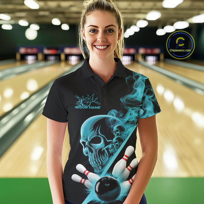 Custom Blue Smoke Skull Women Bowling Team Polo Shirts, Hallowen Bowlers Jerseys IPHW9523