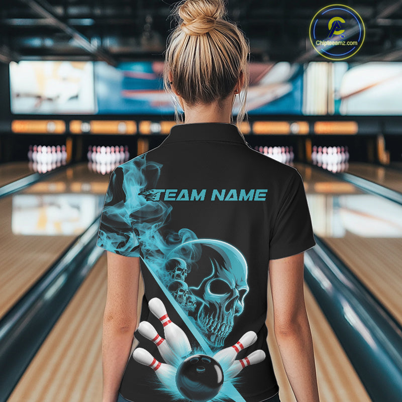 Custom Blue Smoke Skull Women Bowling Team Polo Shirts, Hallowen Bowlers Jerseys IPHW9523