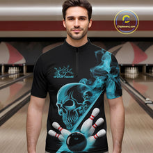Load image into Gallery viewer, Custom Blue Smoke Skull Men Bowling Team Quarter-Zip Shirts, Hallowen Bowlers Jerseys IPHW9523