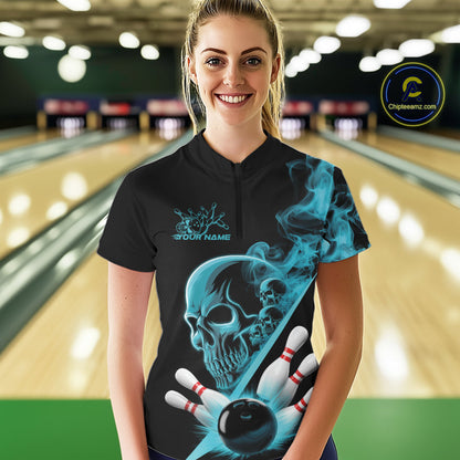 Custom Blue Smoke Skull Women Bowling Team Quarter-Zip Shirts, Hallowen Bowlers Jerseys IPHW9523