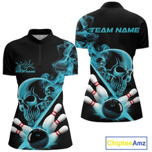 Load image into Gallery viewer, Custom Blue Smoke Skull Women Bowling Team Quarter-Zip Shirts, Hallowen Bowlers Jerseys IPHW9523
