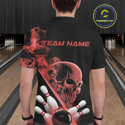 Custom Red Smoke Skull Men Bowling Team Polo Shirts, Hallowen Bowlers Jerseys IPHW9524