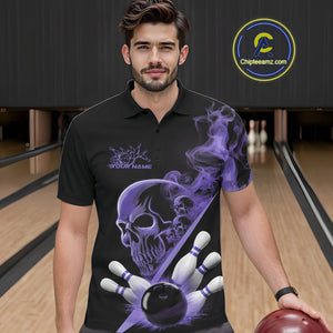 Custom Purple Smoke Skull Men Bowling Team Polo Shirts, Hallowen Bowlers Jerseys IPHW9525