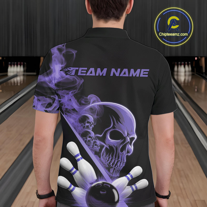 Custom Purple Smoke Skull Men Bowling Team Polo Shirts, Hallowen Bowlers Jerseys IPHW9525