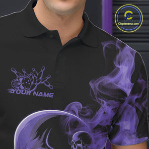 Custom Purple Smoke Skull Men Bowling Team Polo Shirts, Hallowen Bowlers Jerseys IPHW9525