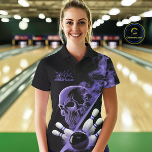 Custom Purple Smoke Skull Women Bowling Team Polo Shirts, Hallowen Bowlers Jerseys IPHW9525
